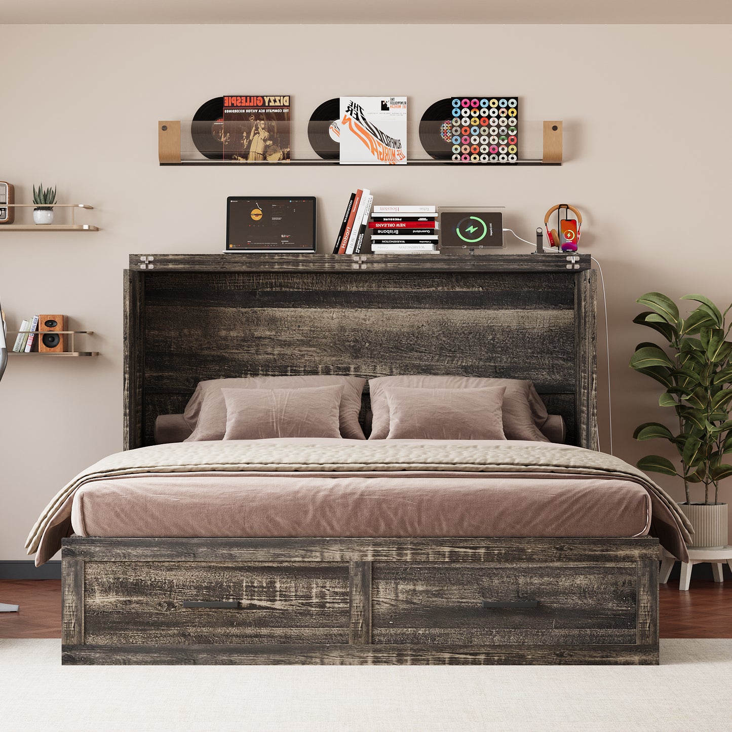 Queen Murphy Bed with Charging Station,Farmhouse Murphy Cabinet Bed with Large Storage Drawer,Hideaway Foldable Platform Bed for Guest Bedroom, Living Room, Office,Small Room,Pull out Bed,Rustic Grey image 6