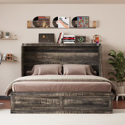 Queen Murphy Bed with Charging Station,Farmhouse Murphy Cabinet Bed with Large Storage Drawer,Hideaway Foldable Platform Bed for Guest Bedroom, Living Room, Office,Small Room,Pull out Bed,Rustic Grey image 6