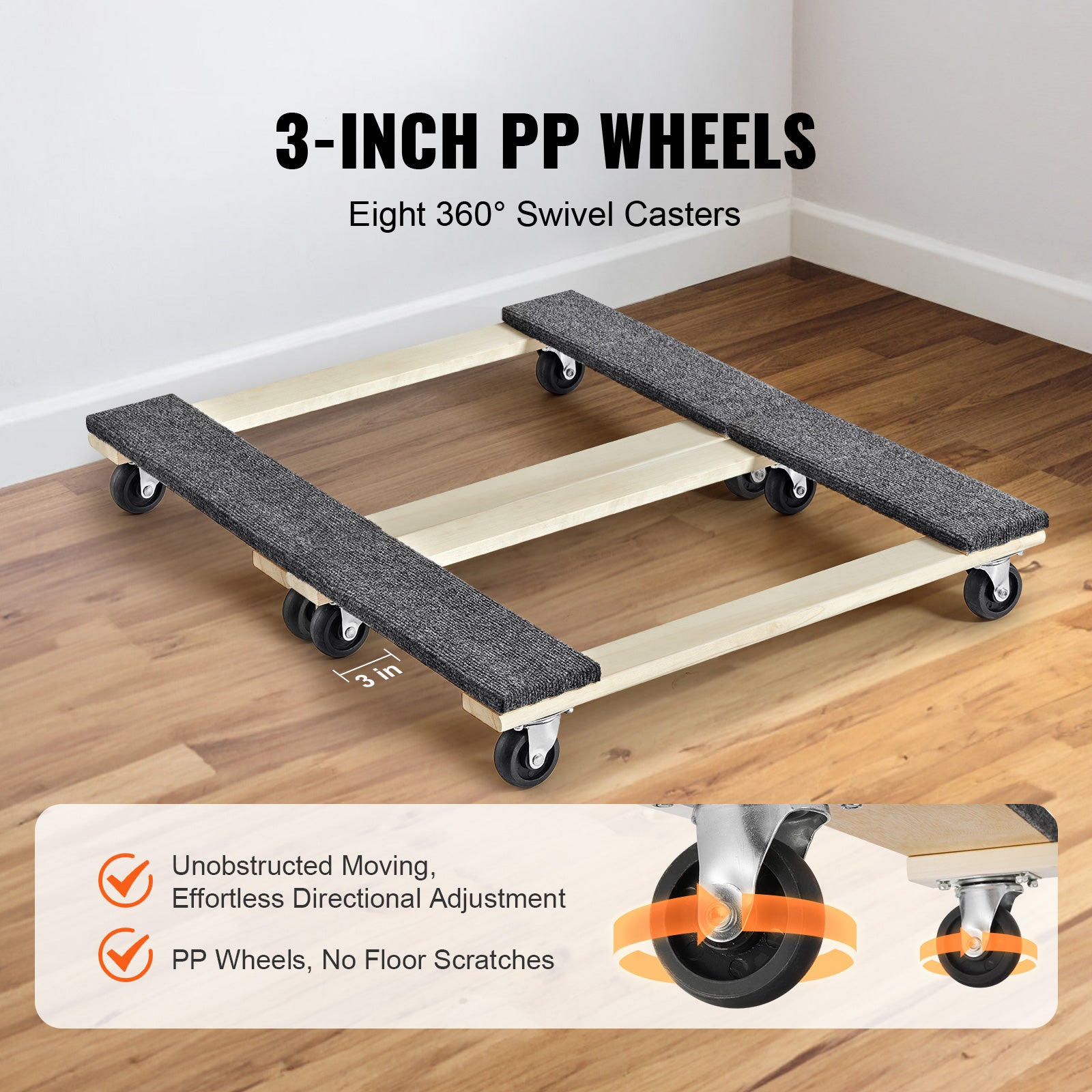 Furniture Dolly, 1000 lbs Each Load Capacity, 2 Packs, 18" x 30", 8 x 3" PP Swivel Casters, Heavy Duty Hardwood Furniture Moving Dolly, Mover's Dolly, Moving Cart with Wheels for Heavy Furniture image 4