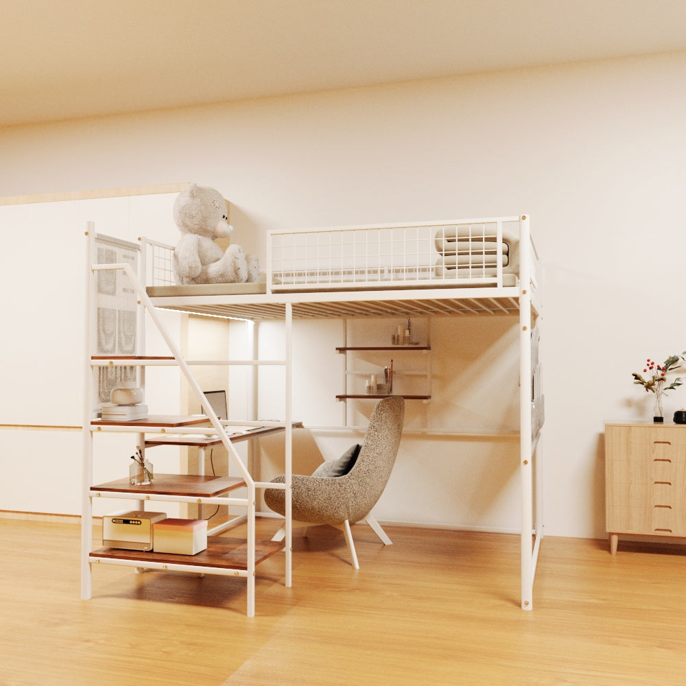 Full size loft metal bed with white for bedroom and dormitory, with built-in charging station and LED lighting image 10