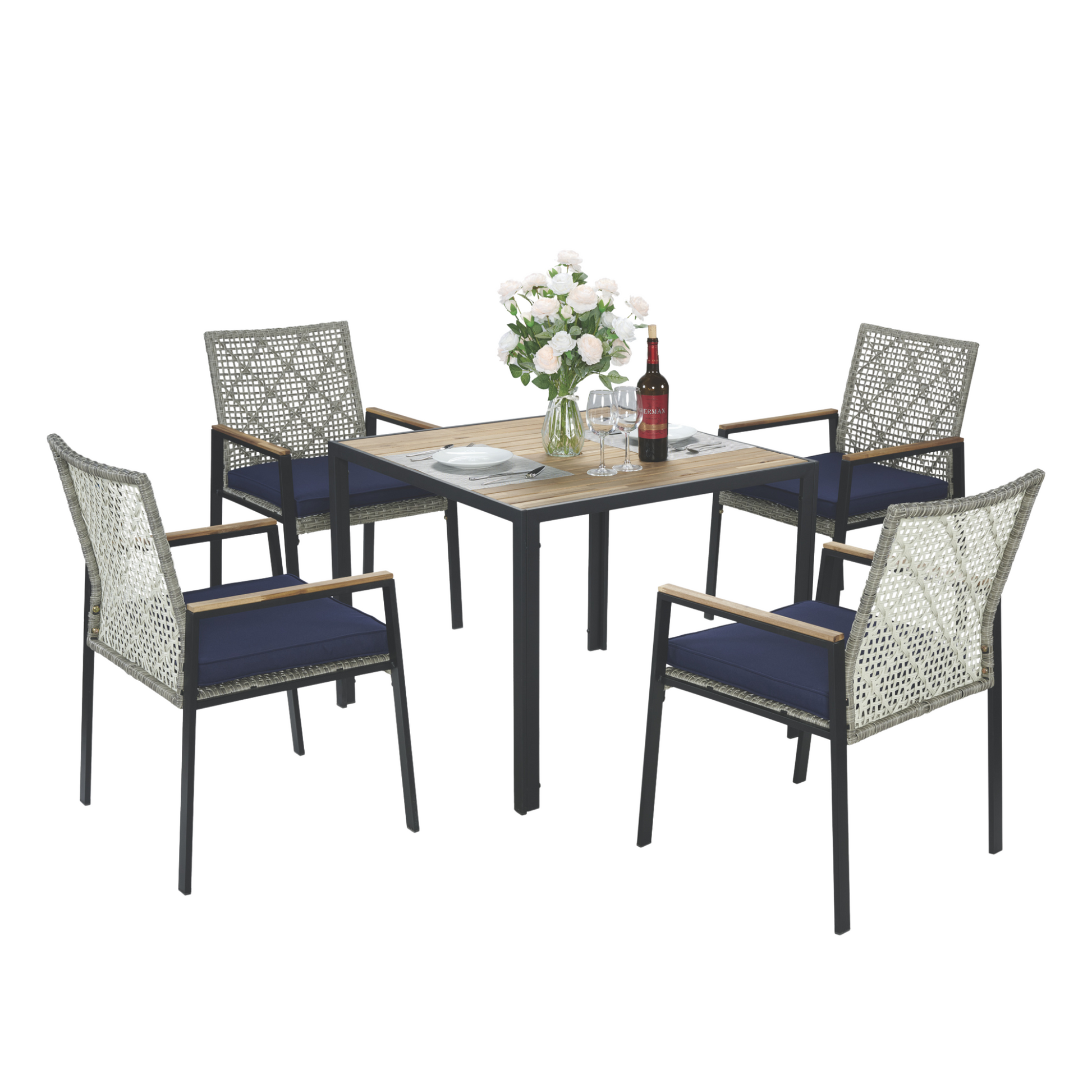 All Weather 5-Piece Patio Dining Table Sets, Patio Conversation Set Acacia Wood Table Top with Umbrella Hole, Rattan Outdoor, Light Gray Color image 10