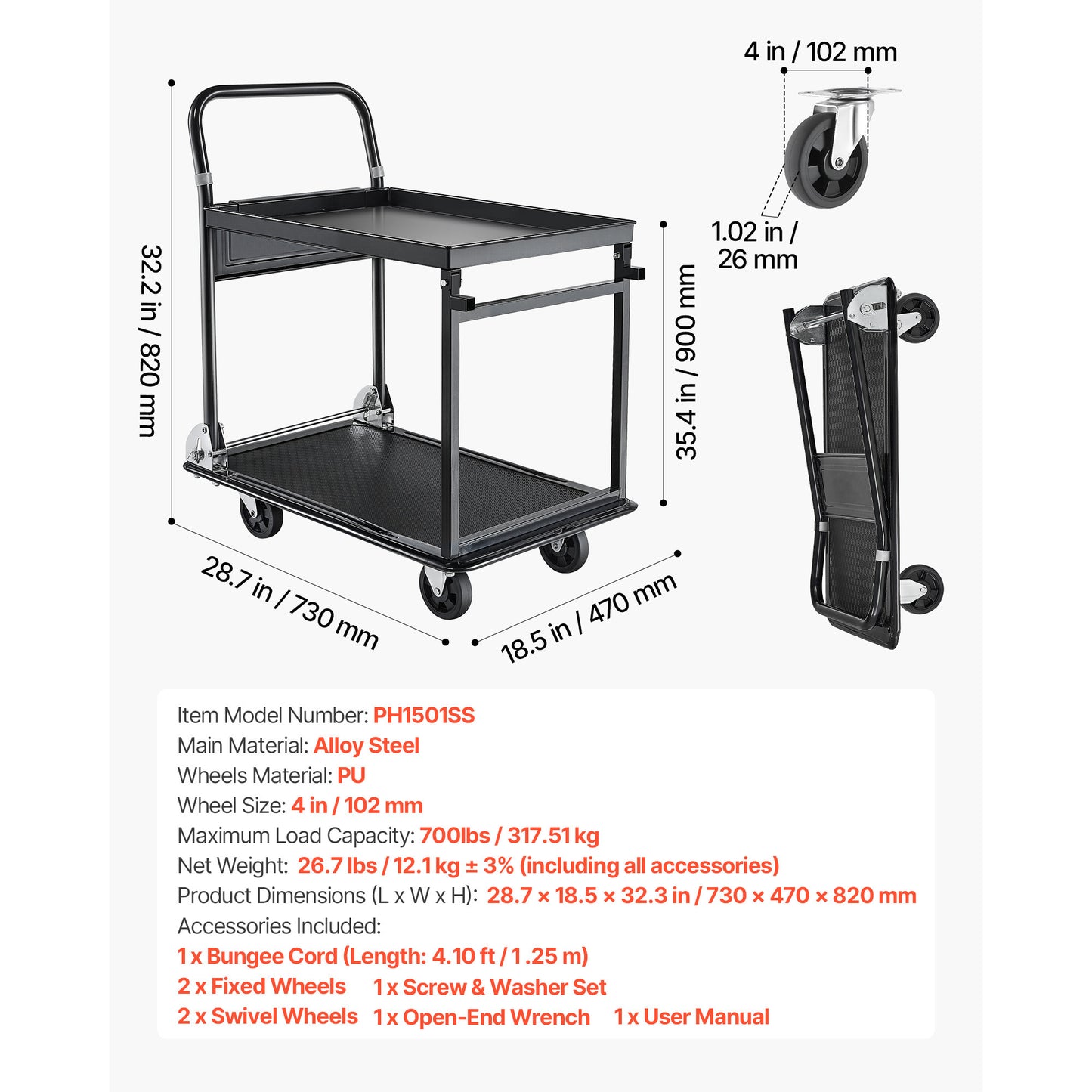 Foldable Push Cart Dolly, 700 lbs, Heavy Duty Platform Hand Truck with Wheels, High-Strength Steel, 2 Tier Moving Flatbed Cart, for Warehouse, Garage, Workshop, Office, 28.7 x 18.5 x 32.3 in image 2