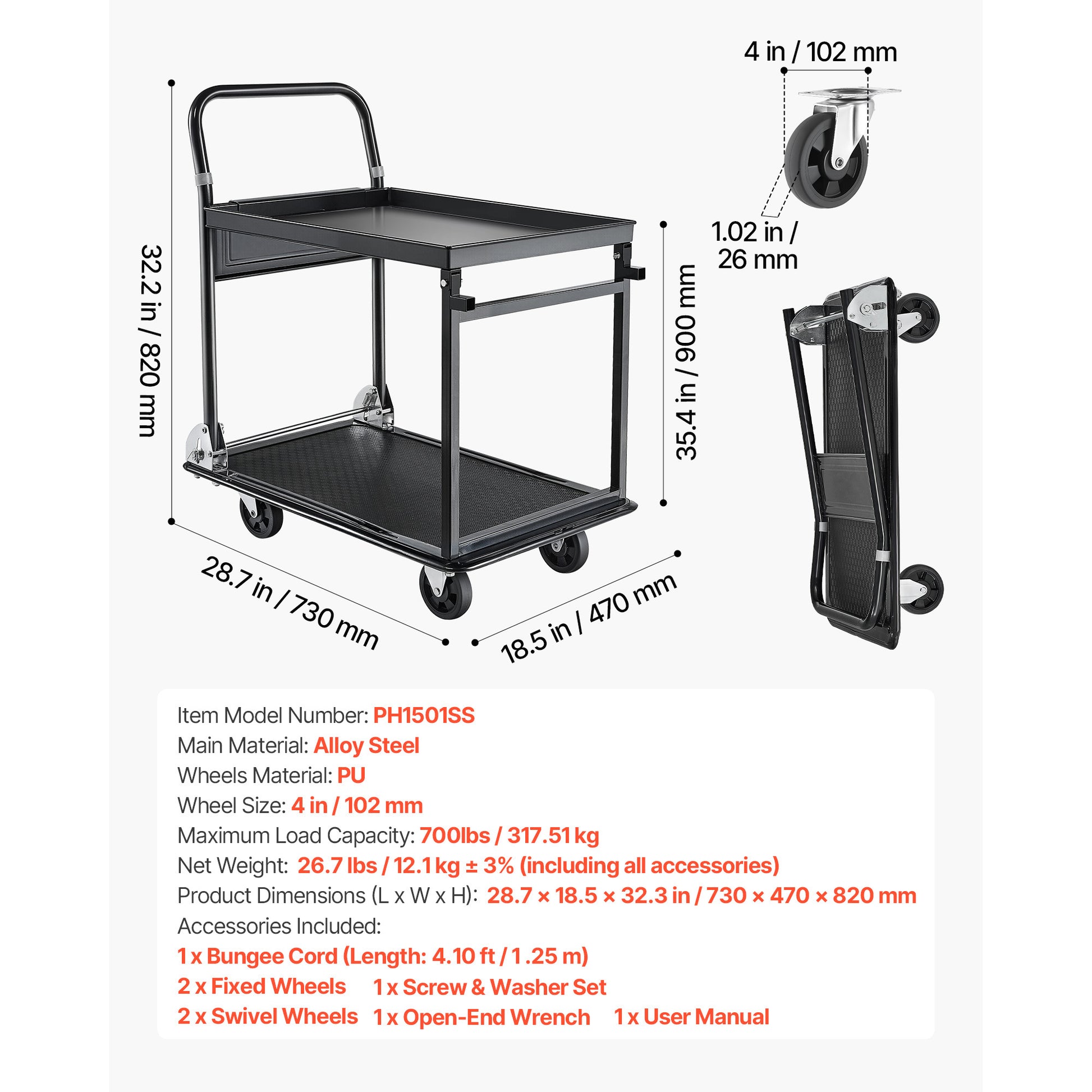 Foldable Push Cart Dolly, 700 lbs, Heavy Duty Platform Hand Truck with Wheels, High-Strength Steel, 2 Tier Moving Flatbed Cart, for Warehouse, Garage, Workshop, Office, 28.7 x 18.5 x 32.3 in image 2