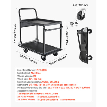 Foldable Push Cart Dolly, 700 lbs, Heavy Duty Platform Hand Truck with Wheels, High-Strength Steel, 2 Tier Moving Flatbed Cart, for Warehouse, Garage, Workshop, Office, 28.7 x 18.5 x 32.3 in image 2