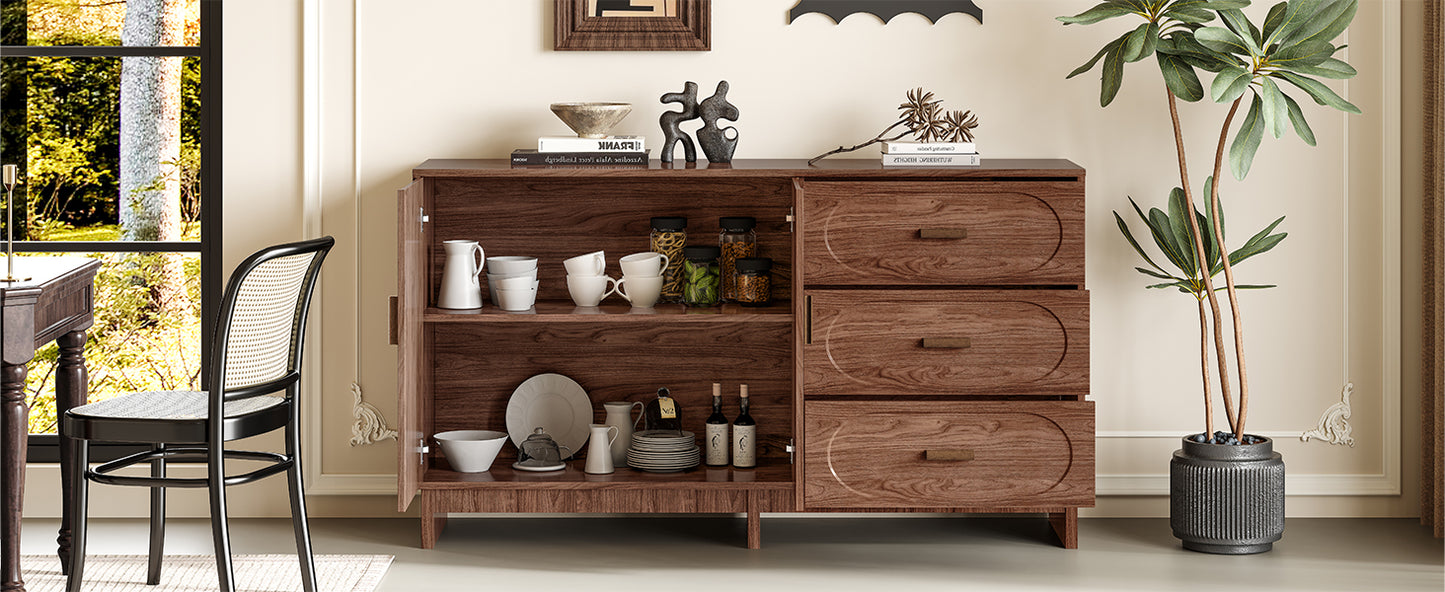 59.1" Buffet Sideboard with 2 Doors and 3 Drawers, Walnut Finish with Oval Grain Texture, Farmhouse Storage Cabinet for Dining Room Living Room Hallway, Large Space Accent Furniture, Easy Assembly image 8