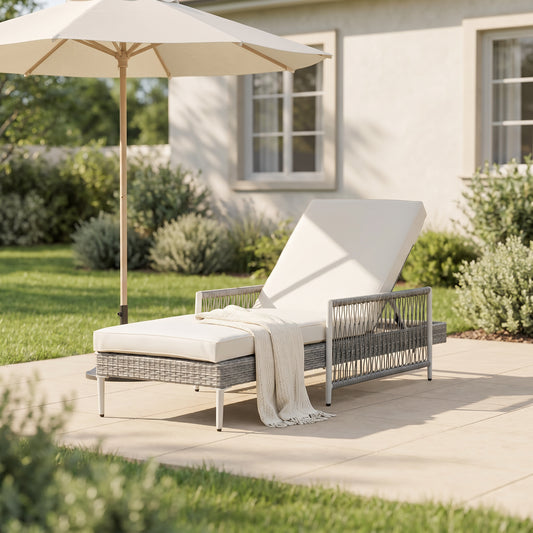 TOPMAX Outdoor All-Weather PE Rattan Chaise Lounge, Minimalist Patio Wicker Lounge Chair with 6 Gear Adjustable Recliner, Arms and Cushion for Poolside, Deck, Grey image 1