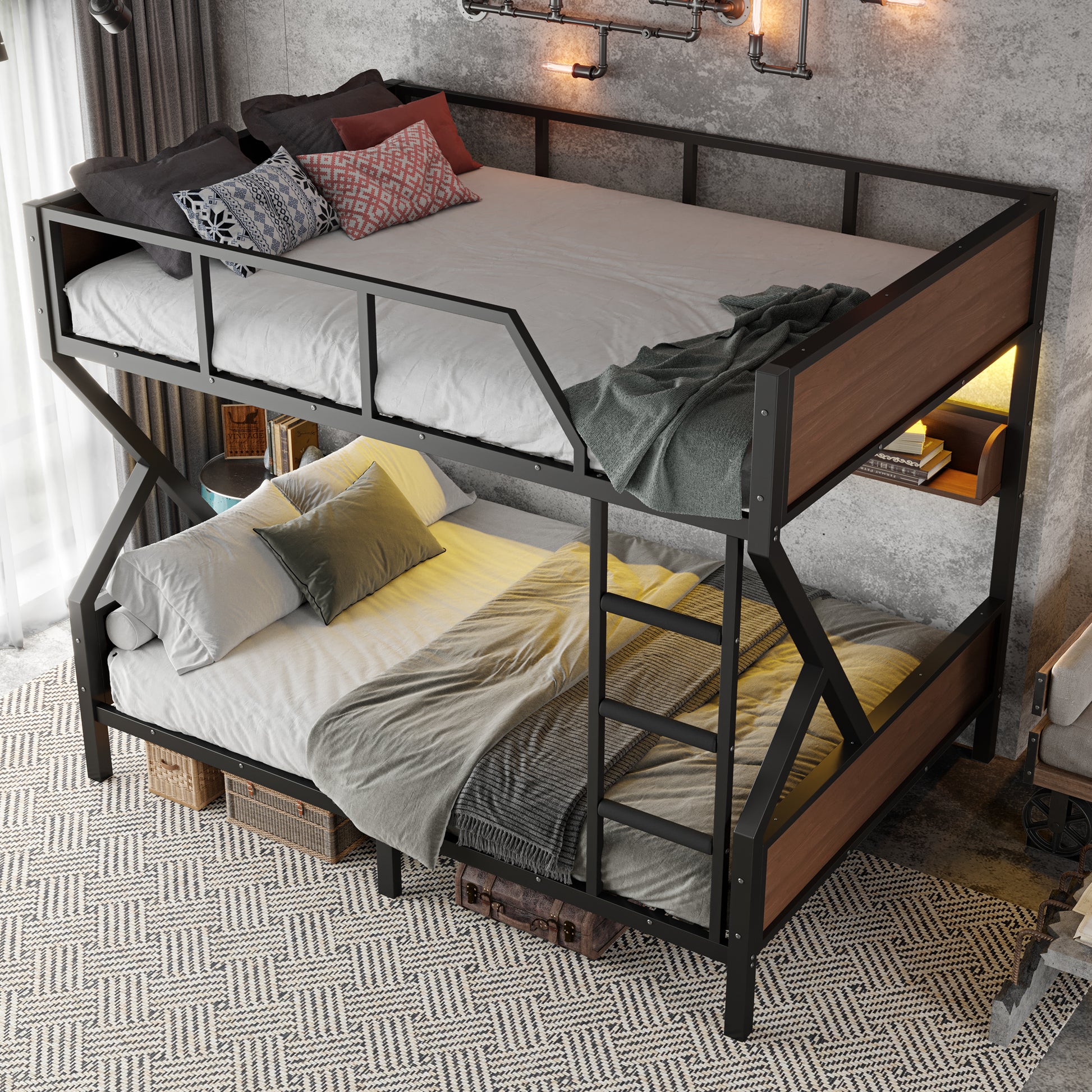 Queen over Queen Bunk Bed, Metal Bunk Bed with Storage Shelves and Lights, Space-saving & Noise-free Design, Black image 2