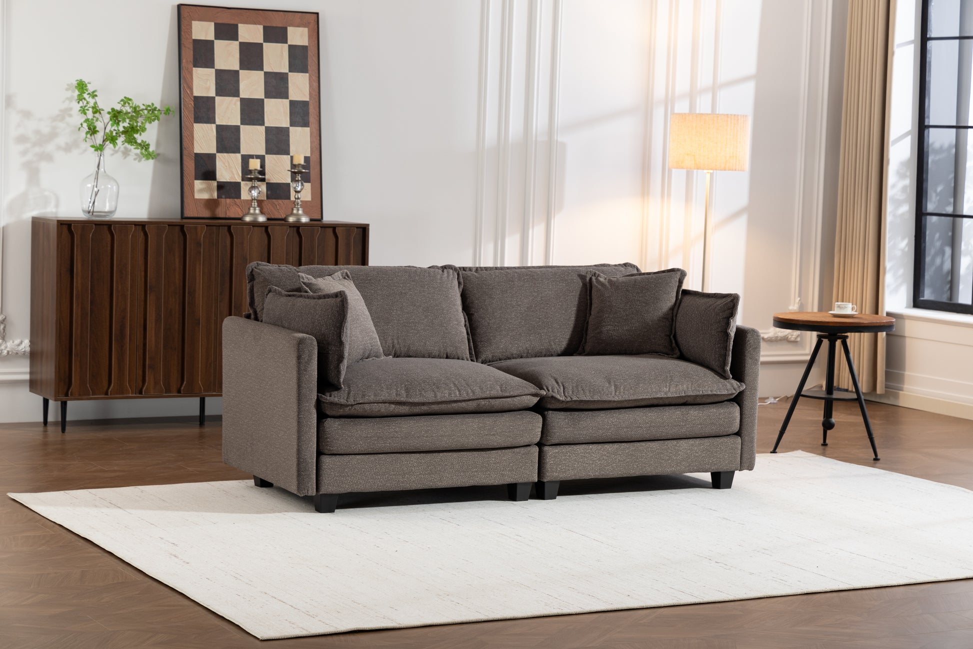 Modern 2seats 77.95"Sectional Sofa with Waist Pillows,2-seat Upholstered Symmetrical Sofa Furniture,Sleeper Sofa Couch with Chaise Lounge for Living Room,Apartment,3 Color image 2
