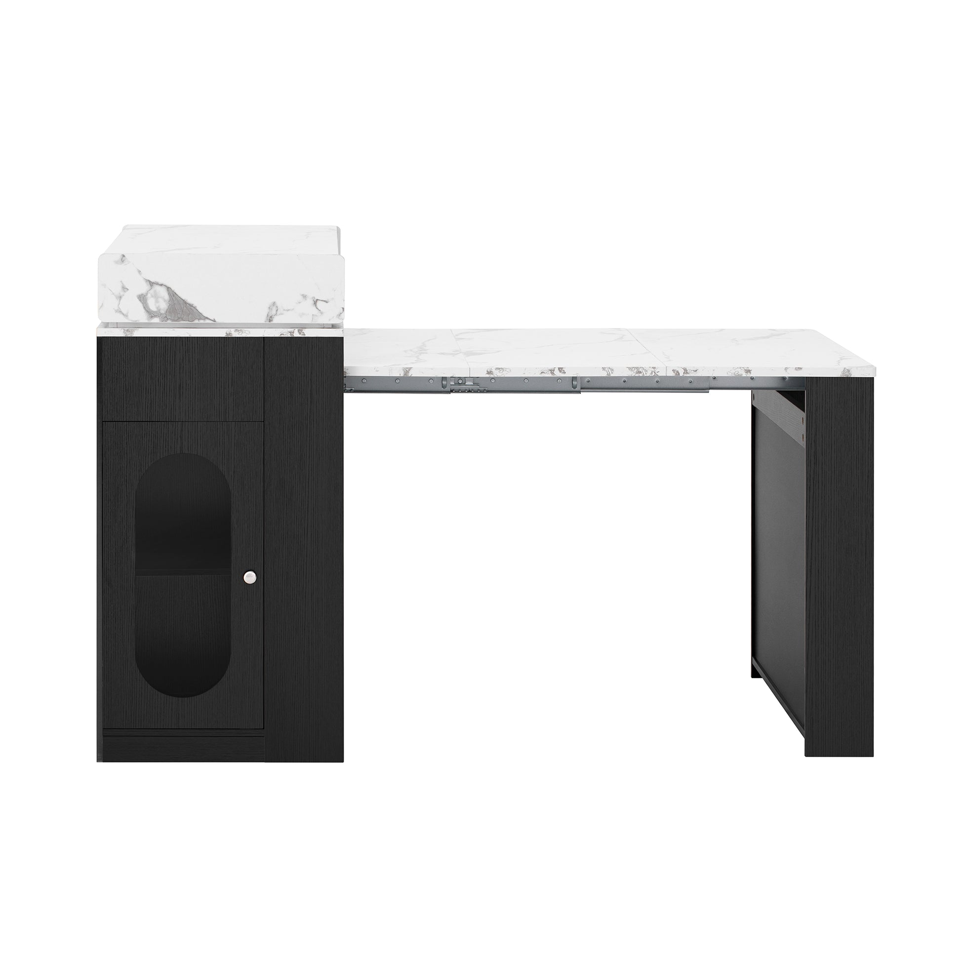 [VIDEO] TREXM Extendable Dining Table with Folding Tabletop, Bar Table with Drawers and Power Outlet, Kitchen Island with Wheels and Hooks, Sideboard for Kitchen and Dining Room (Black+Marble White) image 11