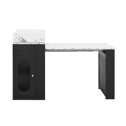 [VIDEO] TREXM Extendable Dining Table with Folding Tabletop, Bar Table with Drawers and Power Outlet, Kitchen Island with Wheels and Hooks, Sideboard for Kitchen and Dining Room (Black+Marble White) image 11