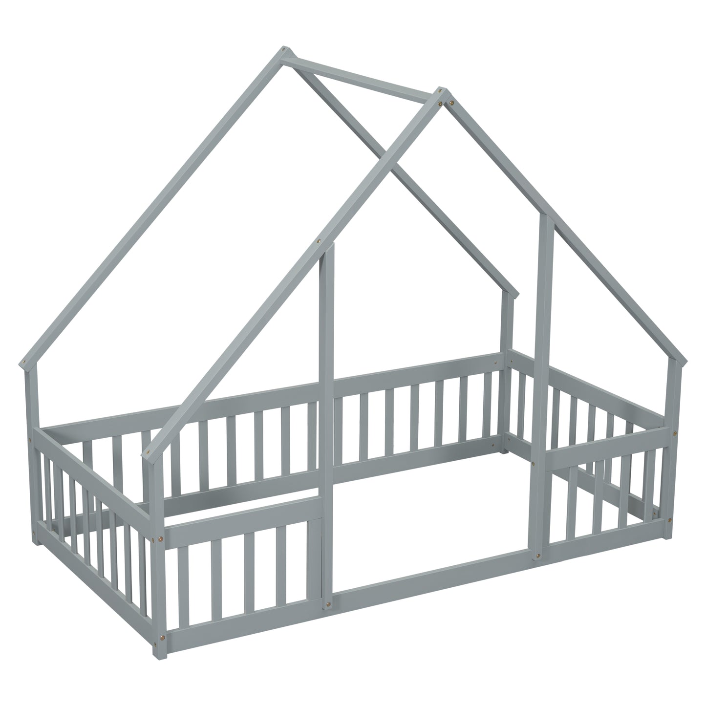 Twin Wood House-Shaped Floor Bed with Fence, Guardrails,Grey image 2