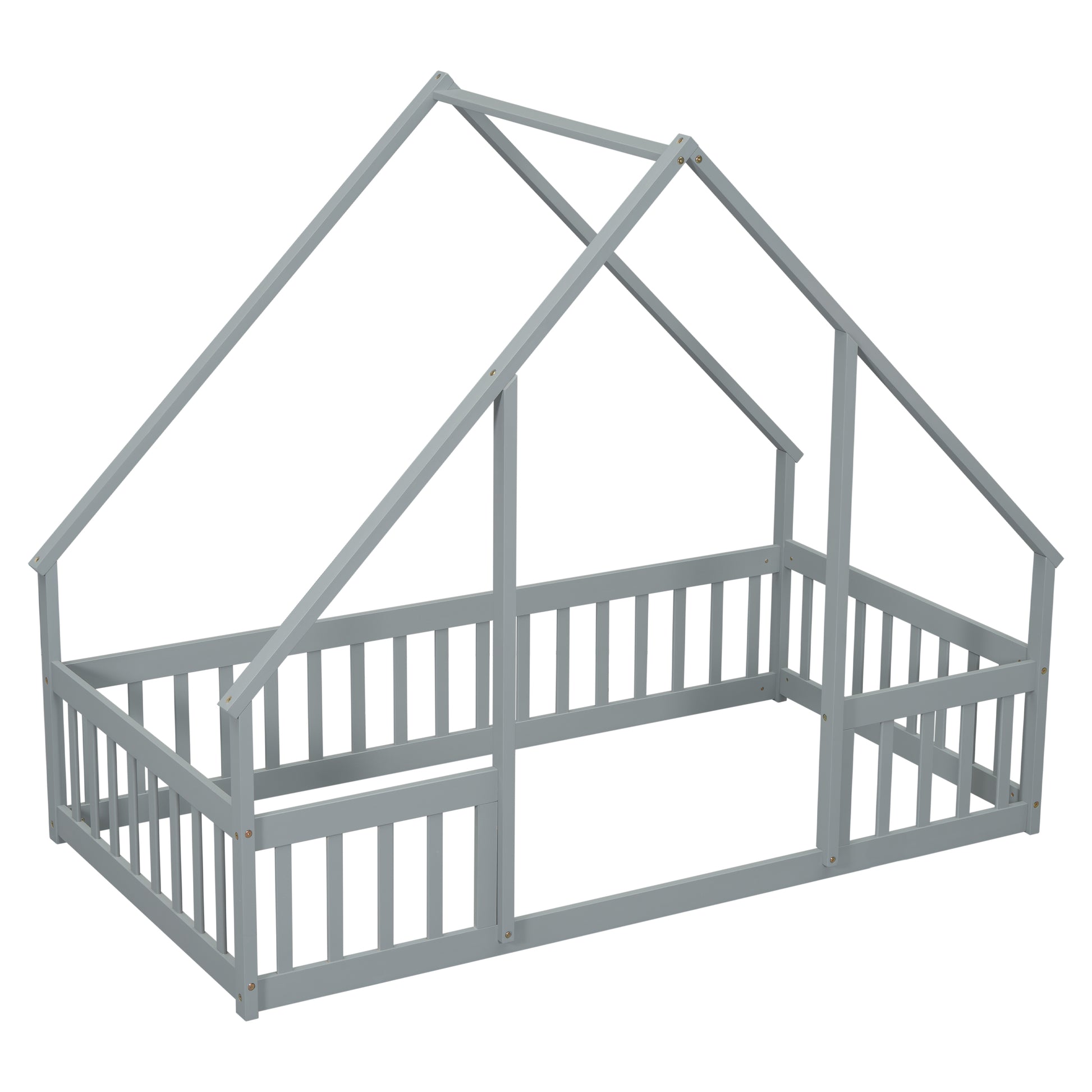 Twin Wood House-Shaped Floor Bed with Fence, Guardrails,Grey image 2
