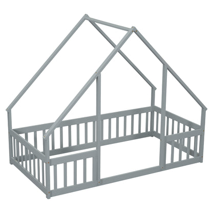 Twin Wood House-Shaped Floor Bed with Fence, Guardrails,Grey image 2