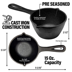 Cast Iron Basting Pot and Silicone BBQ Brush - BBQ Basting Set with Saucepan and Brush for Meat Smoker, Grill and Stove - BBQ Meat Smoker Accessories Gift for Men, 15 Oz