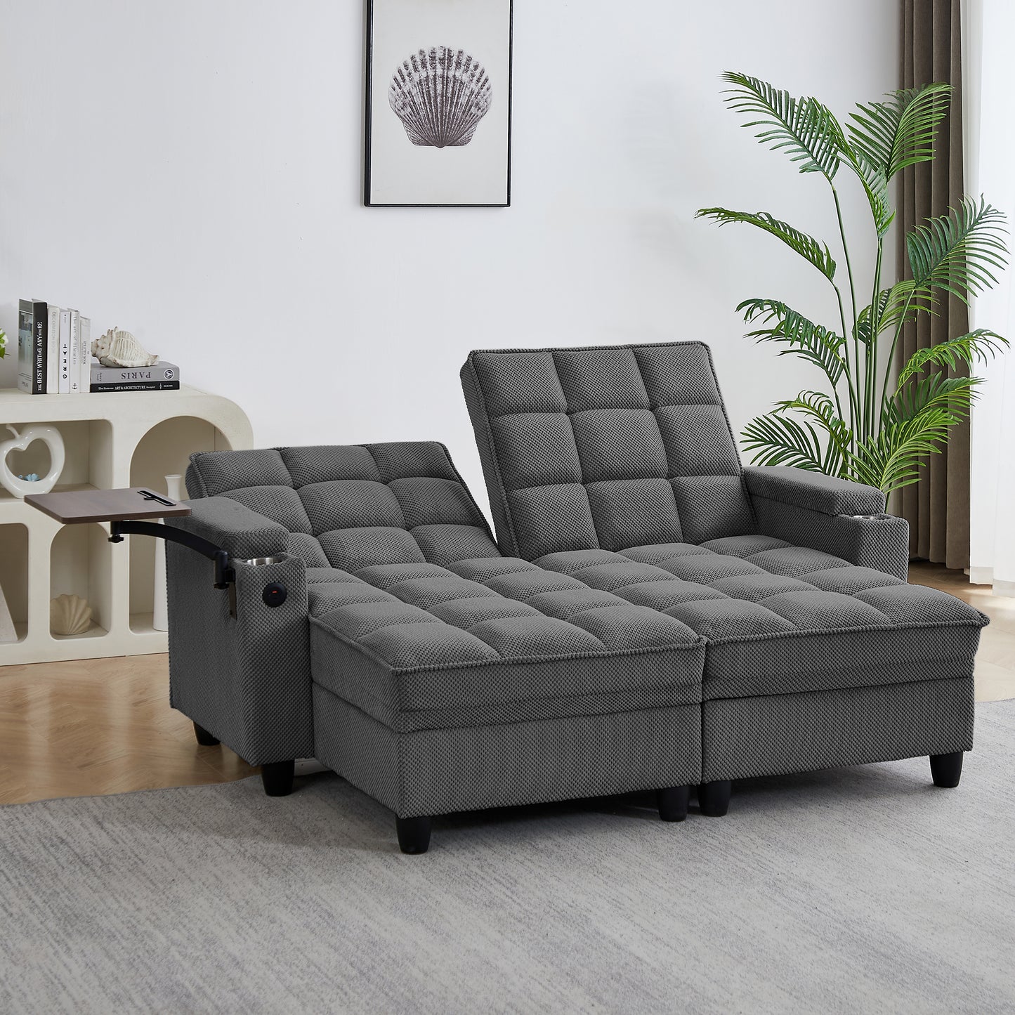 Dark Grey Sofa,Sleeper Sofa Bed with 6-Position Adjustable Backrest,USB Ports, Cup Holder and Swivel Side Table image 3