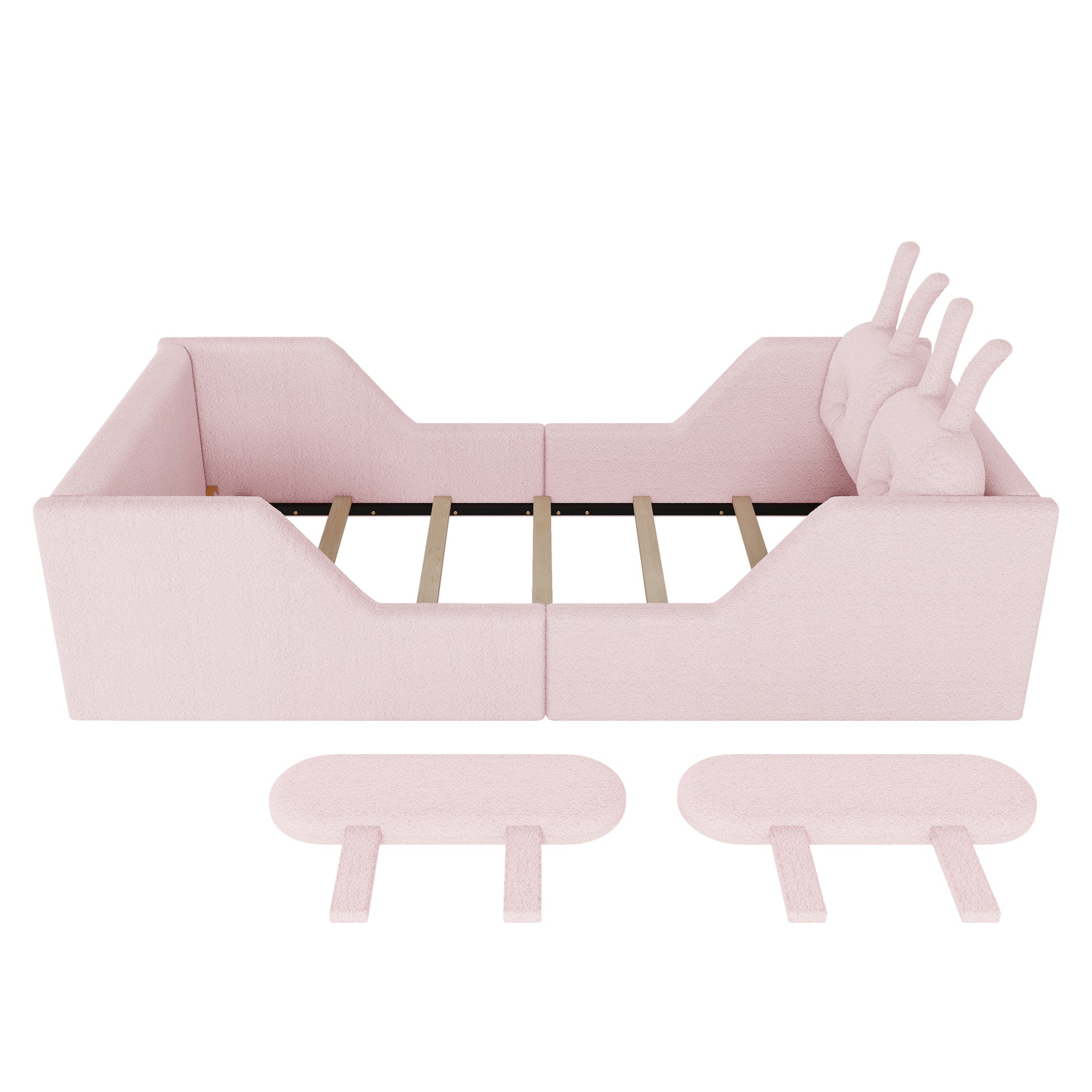 Twin Size Upholstered Platform Bed with Rabbit Cushion, Kids Floor Upholstered Bed with Removable Side Rails, Pink(Old SKUW2593P395807 Expect Arrival Date 2026/7/14) image 8