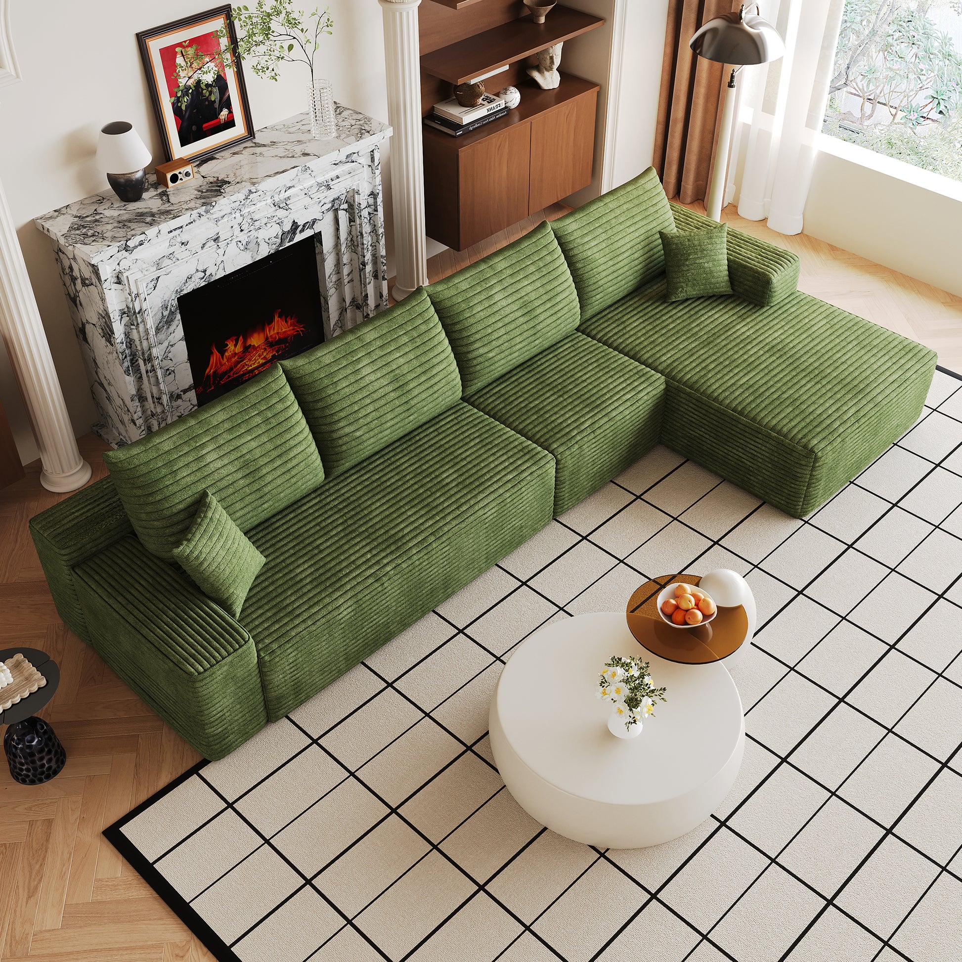 135" Cloud Sectional Couch with L-Shape Chaise,Modern Modular Sofa with Deep Seat, Upholstered Couches for Living Room Bedroom,No Assembly Required, (Plush Corduroy Fabric),Green image 3