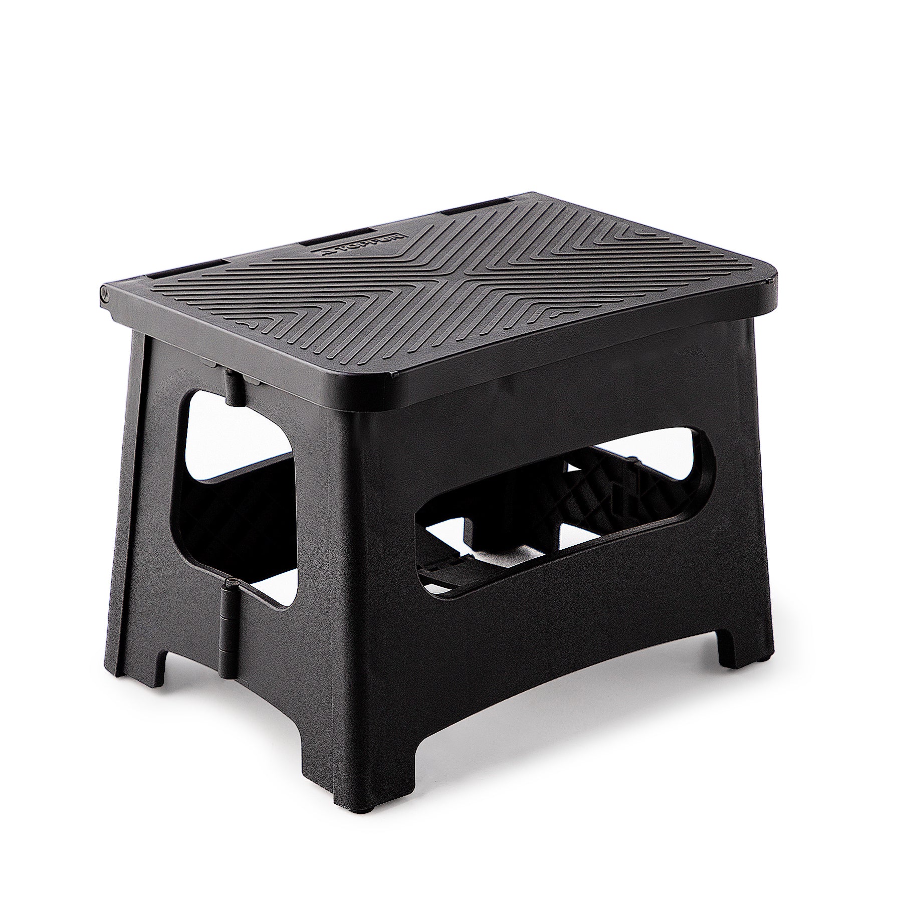 9in Folding Step Stool, Compact, Portable, Non-Slip, 300 lbs. weight capacity for adults and children. Secure non-slip top and rubber feet, great for home and camping, black color image 1