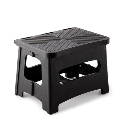 9in Folding Step Stool, Compact, Portable, Non-Slip, 300 lbs. weight capacity for adults and children. Secure non-slip top and rubber feet, great for home and camping, black color image 1