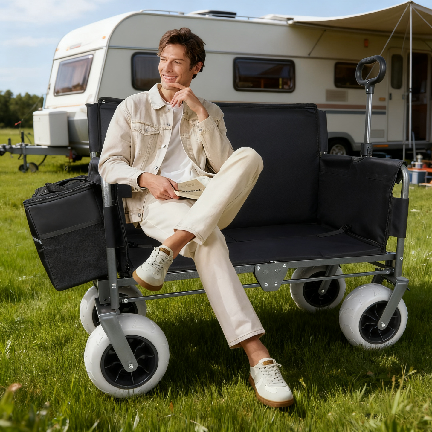 Folding Wagon with Bench Seat & 500 lbs Capacity patent protection -3-in-1 Collapsible Utility Cart with All-Terrain Beach Tires for Camping, Includes 1 ice pack, Beach, Groceries, Outdoor, Black image 5
