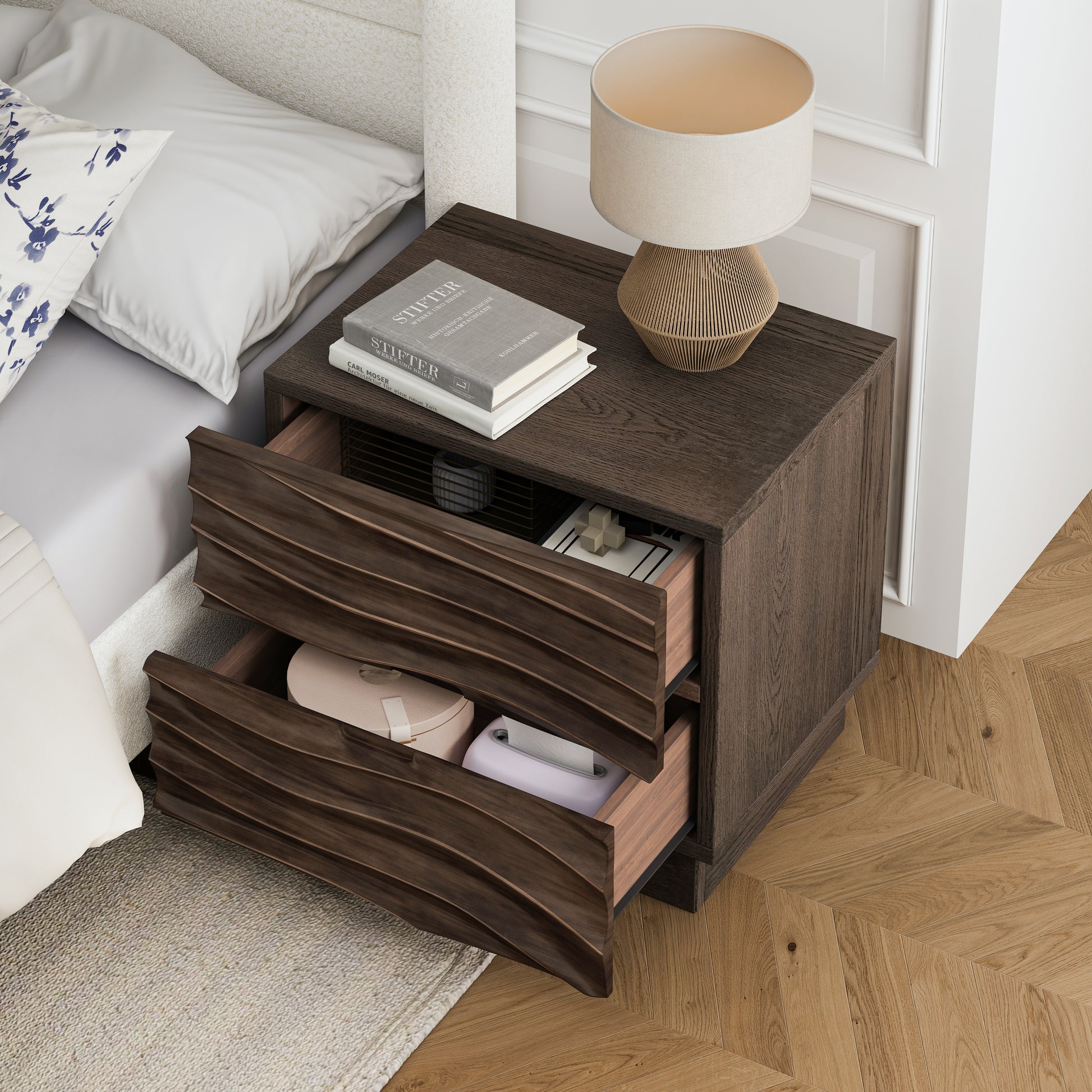 Solid Wood Nightstands, Bedside Table with 2 Drawers, No Handles, Sofa End Table for Living Room, Bedrooms,Brown image 5