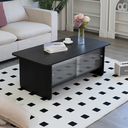 47" Coffee Table With Storage, Rectangular Modern Minimalist Center Table, Fluted Glass Sliding Doors For Living Room Bedroom Guest Room, Black. image 9