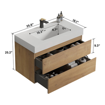 Alice 36" Oak Bathroom Vanity with Black Sink, Large Storage Wall Mounted Floating Bathroom Vanity for Modern Bathroom, One-Piece White Sink Basin without Drain, Pre-assembled image 9