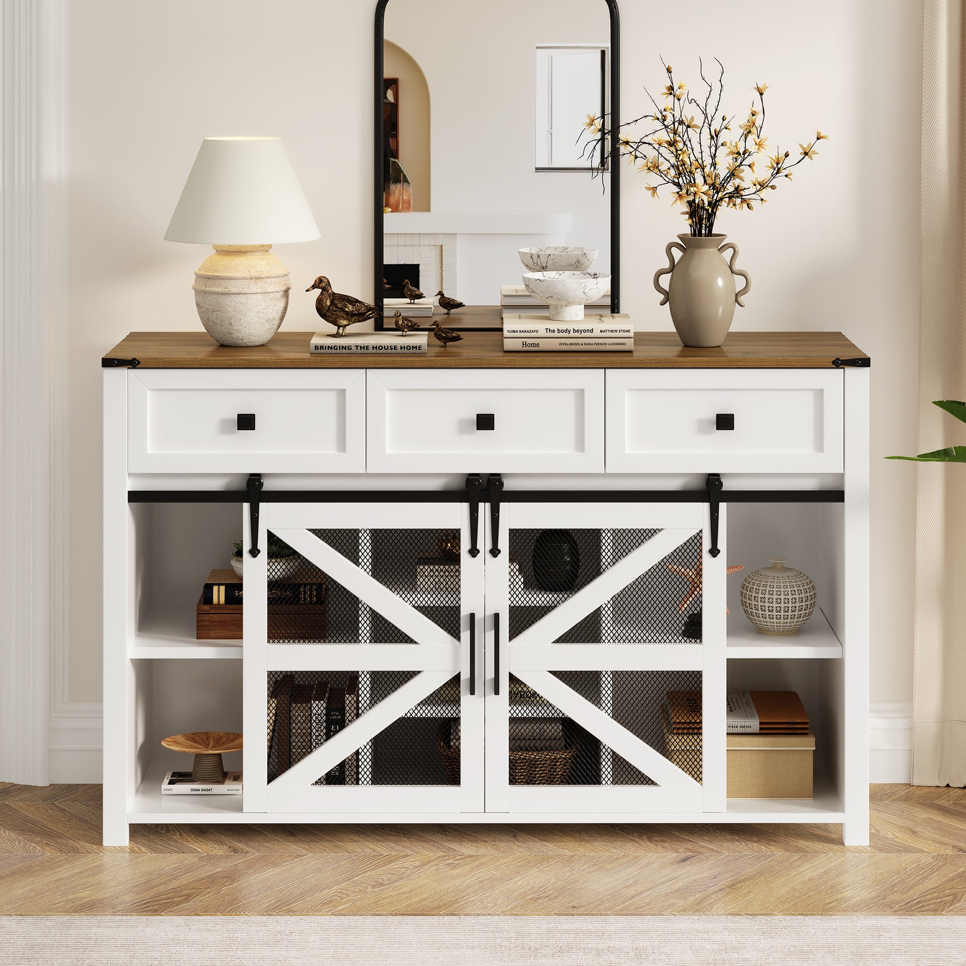 U_Style 55'' Sliding Barn Door Sideboard Buffet Cabinet with 3 Drawers, Adjustable Shelves, Metal Mesh & Particleboard Doors, Aluminum Handles, Industrial Storage for Living or Dining Room image 1