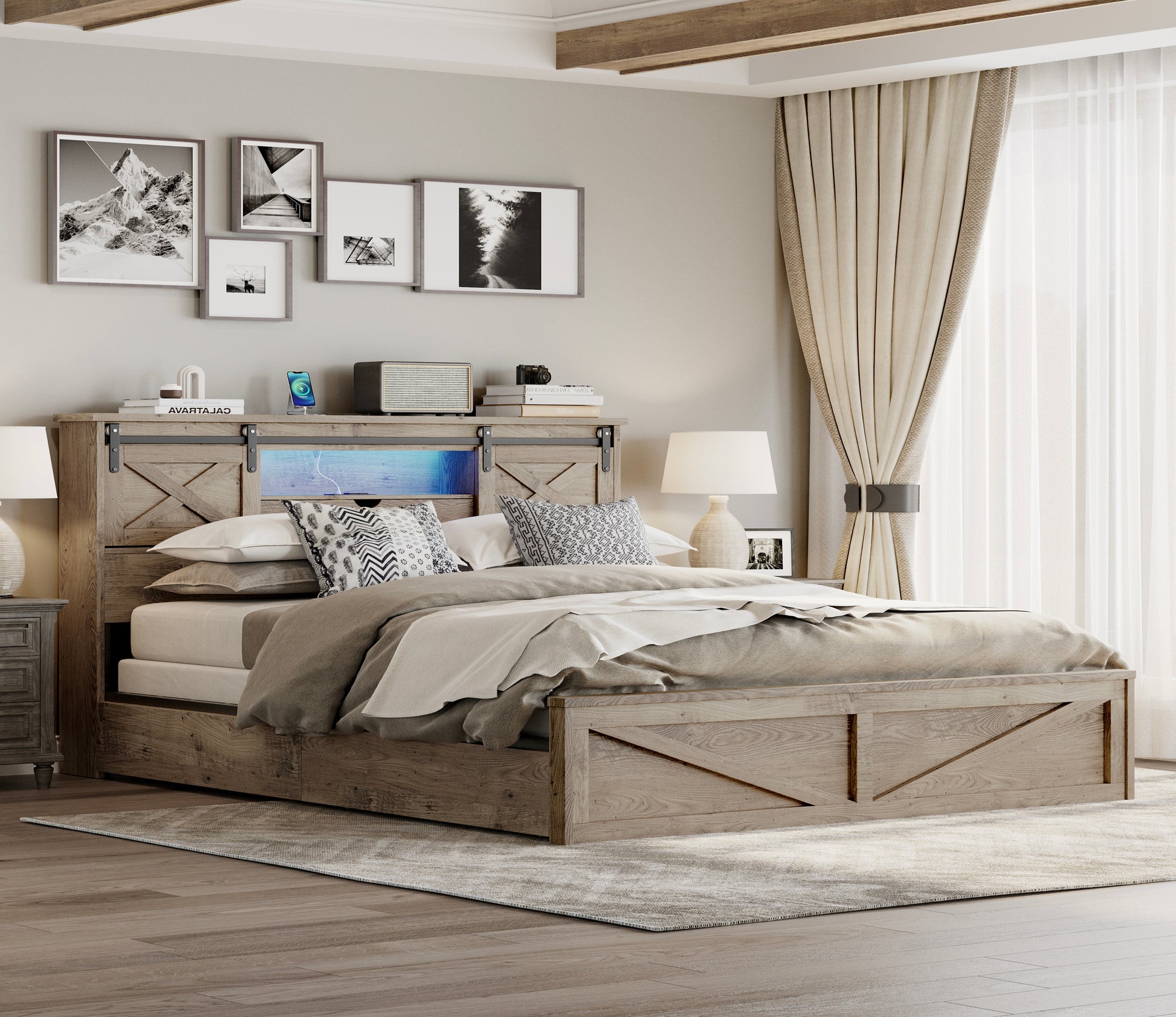Farmhouse Bed Frame King Size with LED Lights and Charging Station, Wooden KING Bed with 2 Storage Drawers, Rustic Headboard with Sliding Barn Door Storage Cabinets image 3