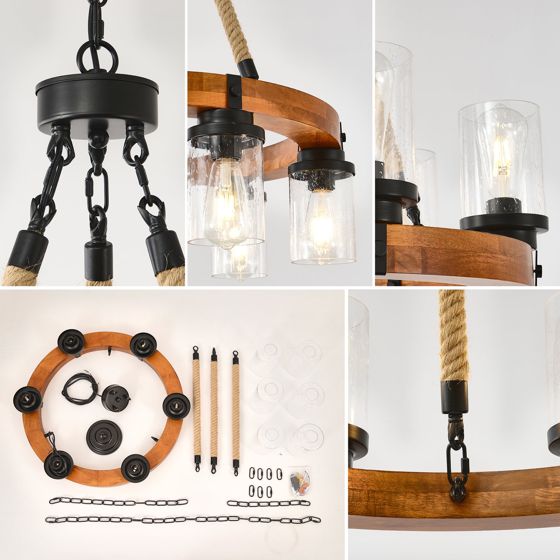 23.62 INCH Round Wood Pendant Light with Seeded Glass Shade, Rustic 6-Light Wagon Wheel Chandelier,Farmhouse Chandeliers for Dining Room Kitchen Island Foyer Entryway (8 Light)--NO INCLUDED BULBS image 2