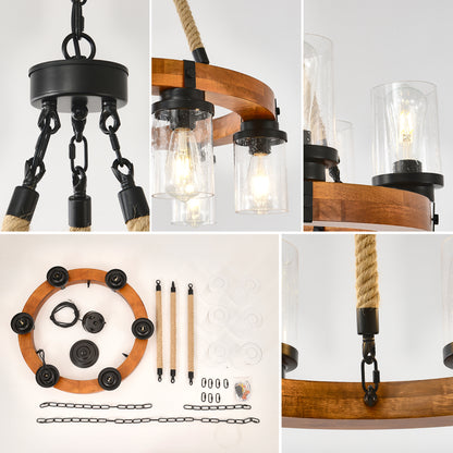 23.62 INCH Round Wood Pendant Light with Seeded Glass Shade, Rustic 6-Light Wagon Wheel Chandelier,Farmhouse Chandeliers for Dining Room Kitchen Island Foyer Entryway (8 Light)--NO INCLUDED BULBS image 2