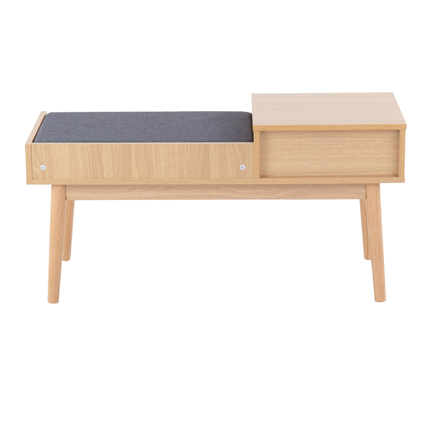 Telephone Contemporary Bench in Natural Wood and Grey Fabric with Pull-Out Drawer image 4