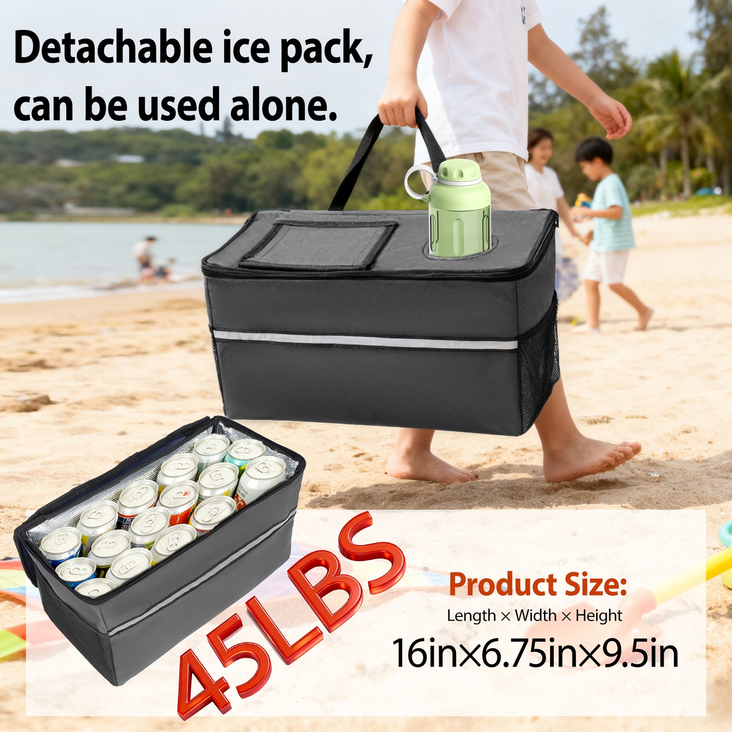 3-in-1 Folding Wagon Cart with Bench Seat & Storage patent protection - Includes 1 ice pack, 500lbs Heavy-Duty Utility Wagon, 180L Capacity All-Terrain Wheels for Camping, Beach, Sports, Garden, gray image 11