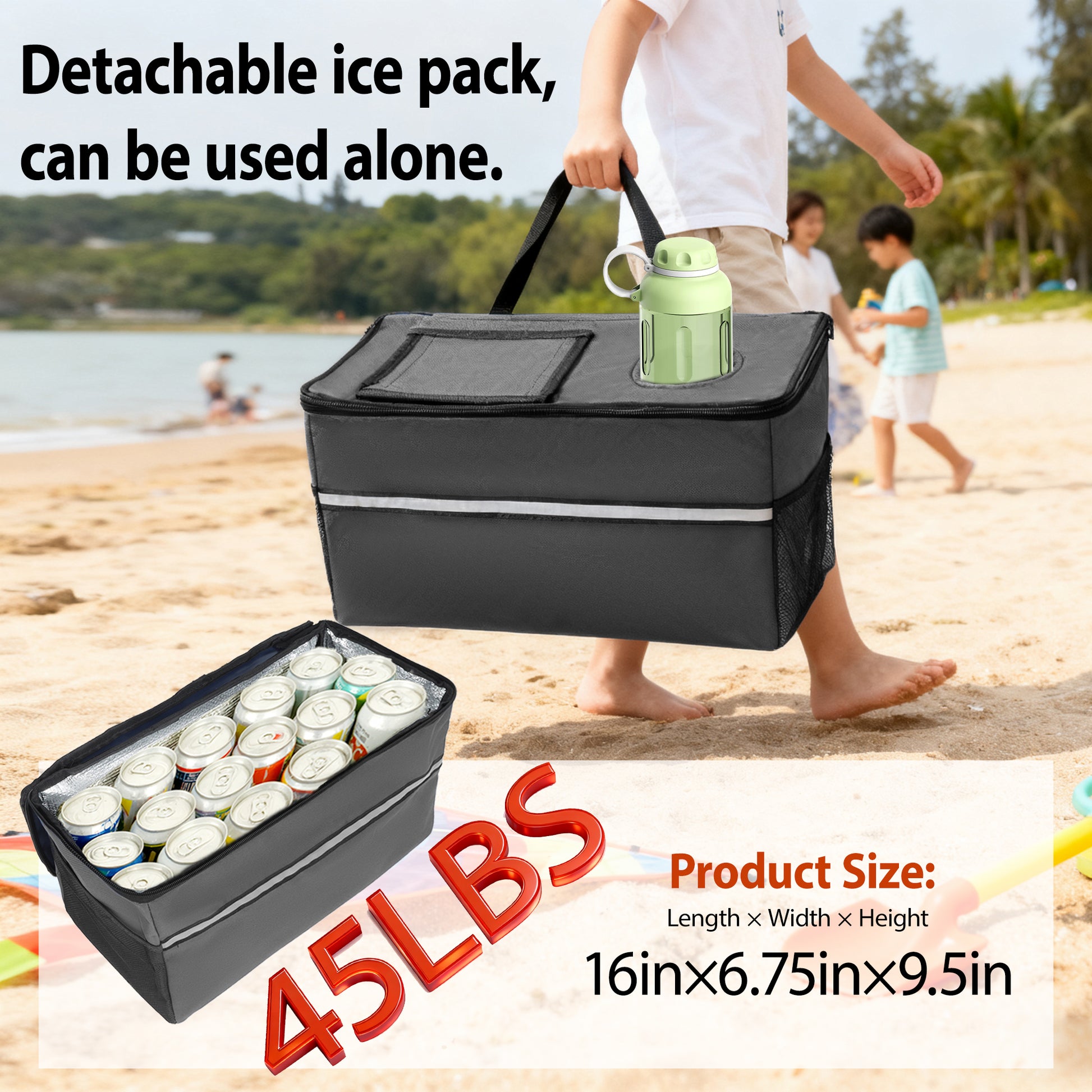 3-in-1 Folding Wagon Cart with Bench Seat & Storage patent protection - Includes 1 ice pack, 500lbs Heavy-Duty Utility Wagon, 180L Capacity All-Terrain Wheels for Camping, Beach, Sports, Garden, gray image 11