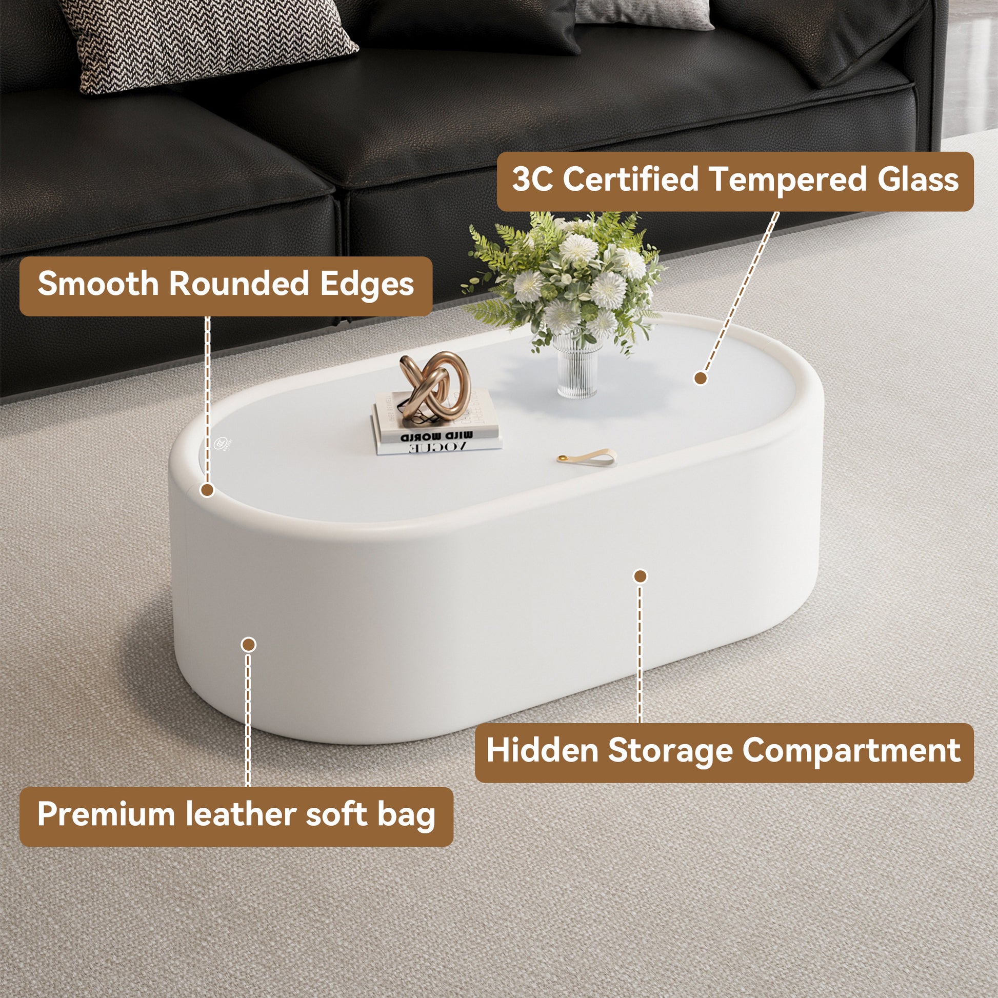 33.46" Oval Hidden Storage Coffee Table - 3C Certified Tempered Glass Top & Premium Leather Upholstered, Modern White Storage Coffee Table for Living Room image 5