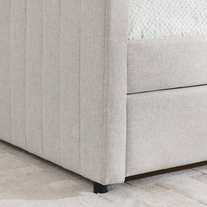 Full Size Daybed with Trundle Upholstered Sofa Bed, with Vertical Stripes, Linen Fabric, Beige (82.5"x58"x30") image 11