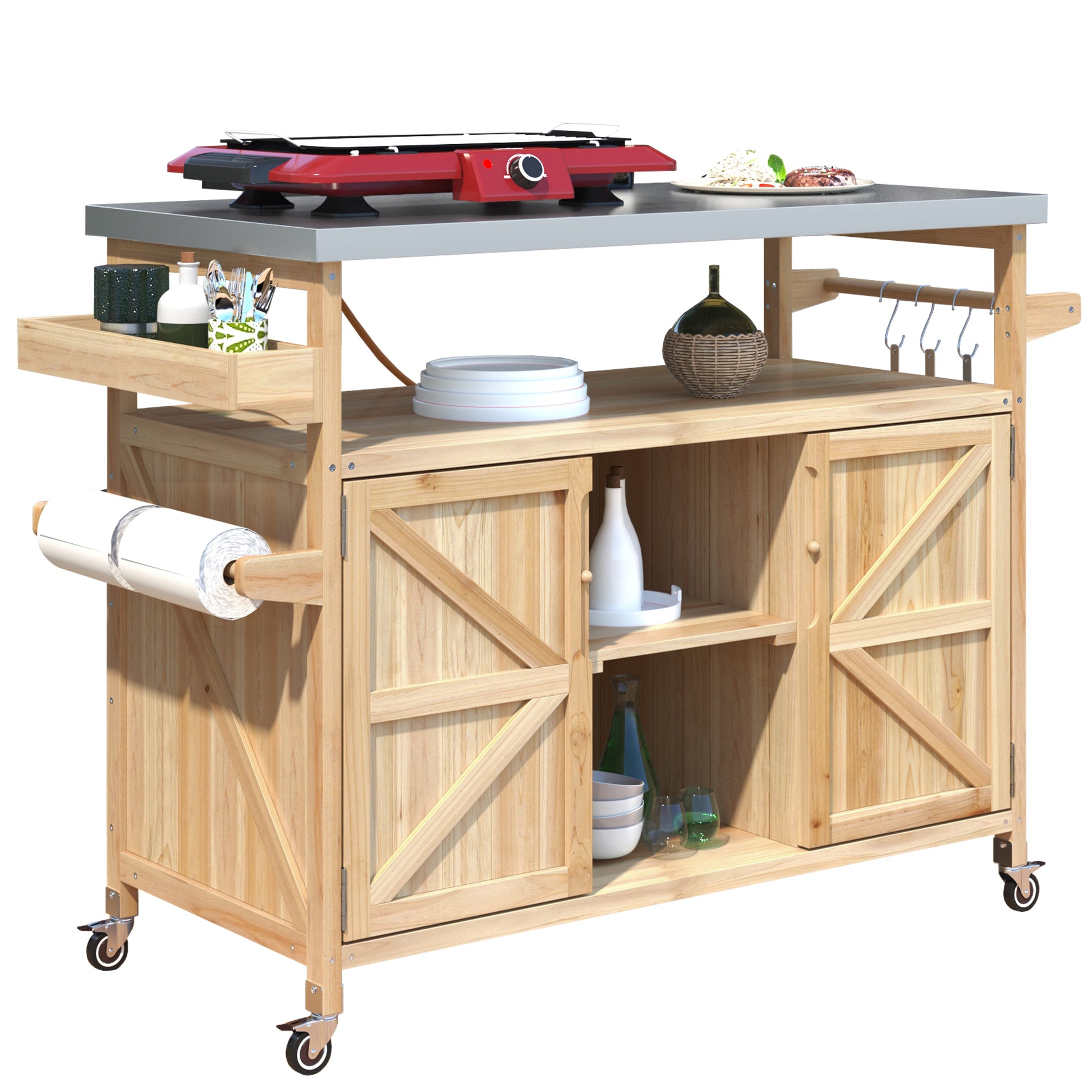 K&K Outdoor Kitchen Island, Rolling Bar Cart & Storage Cabinet, Farmhouse Solid Wood Outdoor Grill Table with Stainless Steel Top, Spice Rack, Towel Rack for Kitchen & BBQ, Natural image 10