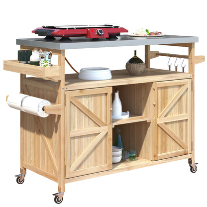 K&K Outdoor Kitchen Island, Rolling Bar Cart & Storage Cabinet, Farmhouse Solid Wood Outdoor Grill Table with Stainless Steel Top, Spice Rack, Towel Rack for Kitchen & BBQ, Natural image 10