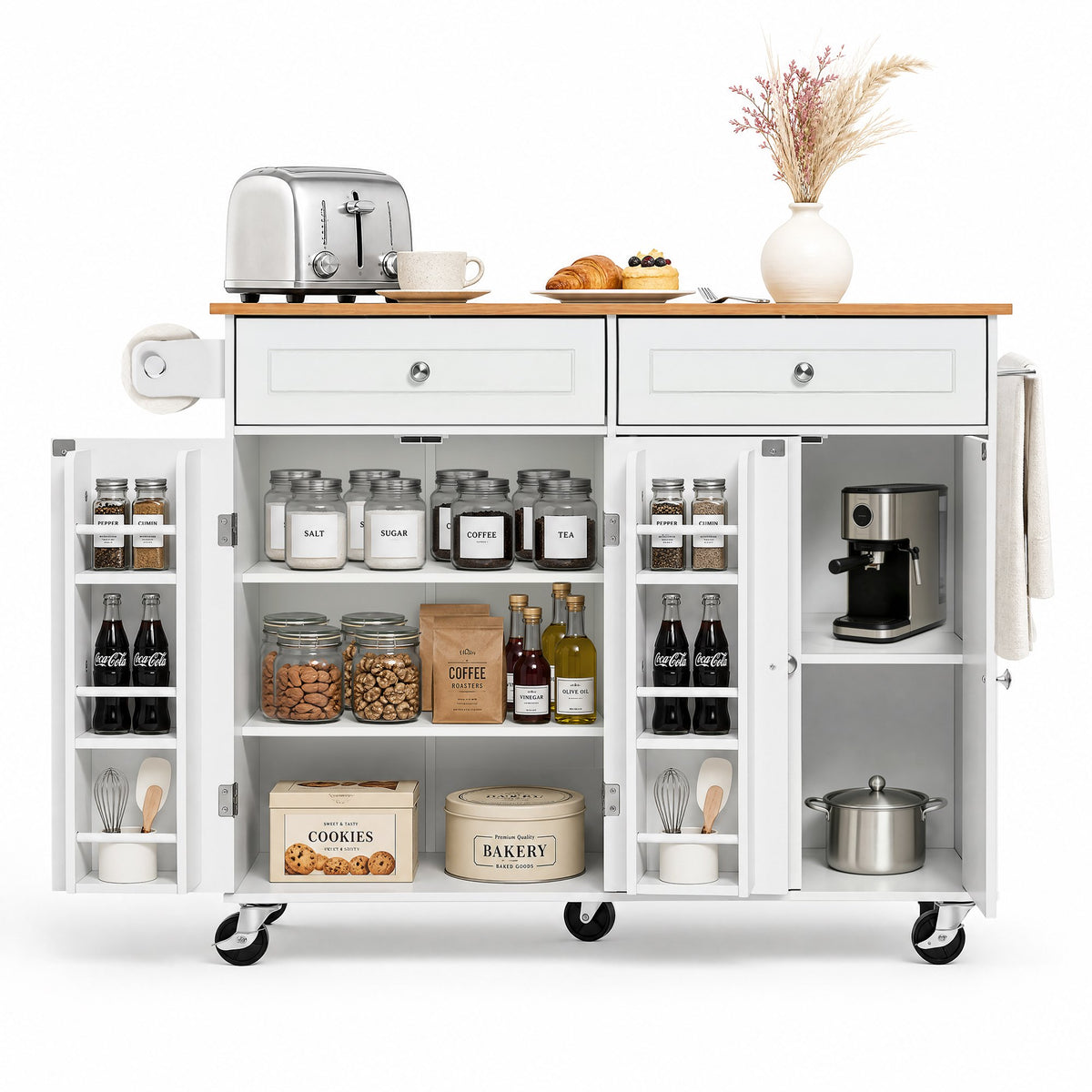 VEVOR white kitchen island with storage, shown with kitchen props