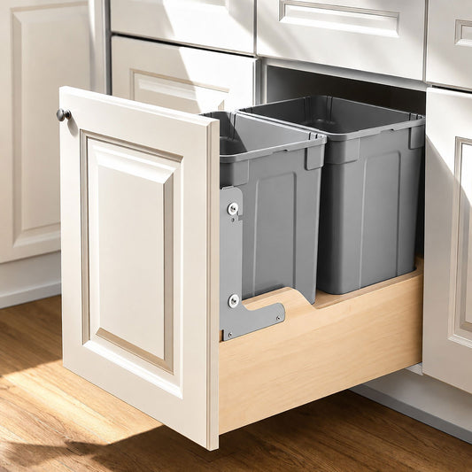 VEVOR dual gray pull-out kitchen waste bins with wood base, shown installed in a cabinet