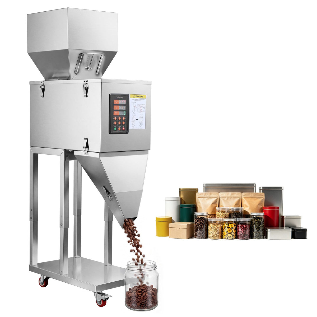 VEVOR floor-standing powder filling machine with hopper and digital controls, shown dispensing beans