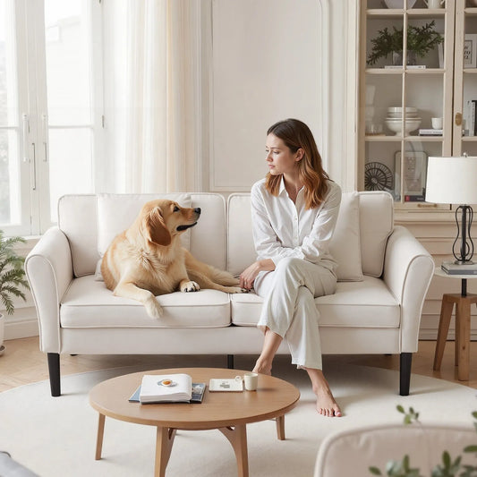 VEVOR light-colored loveseat sofa shown in a furnished living room