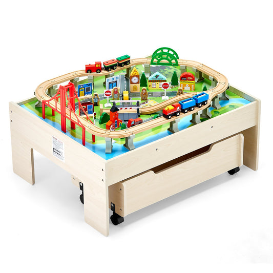 VEVOR wooden train activity table with tracks, play pieces and rolling storage drawer
