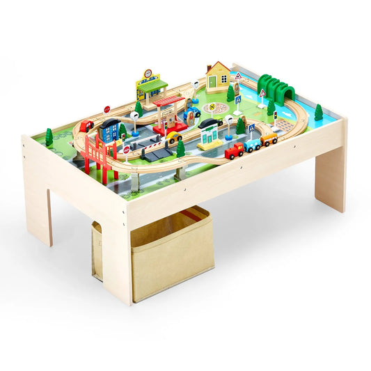 VEVOR wooden train activity table with tracks, play pieces and collapsible storage bin