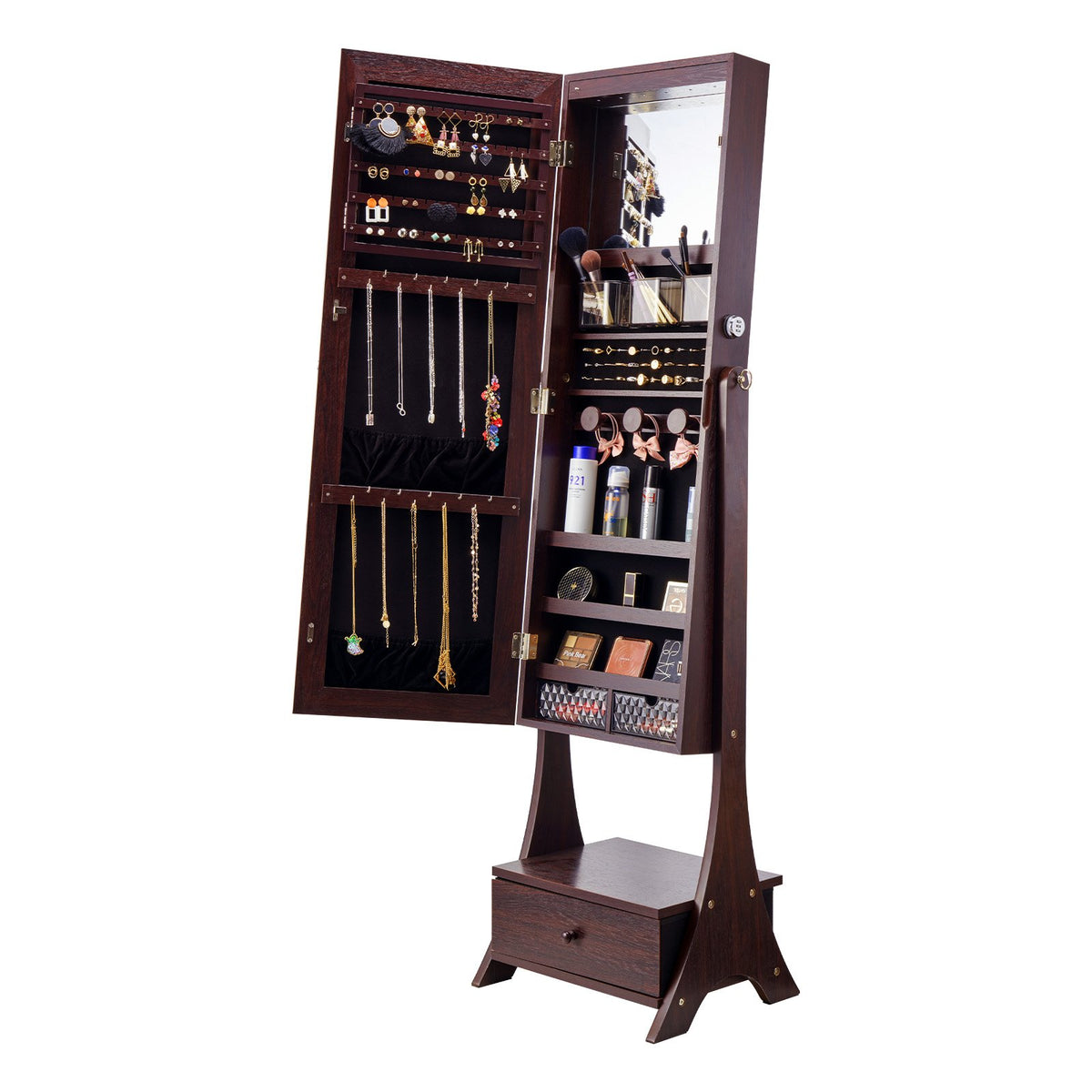 VEVOR brown freestanding mirrored jewelry cabinet shown open with interior storage