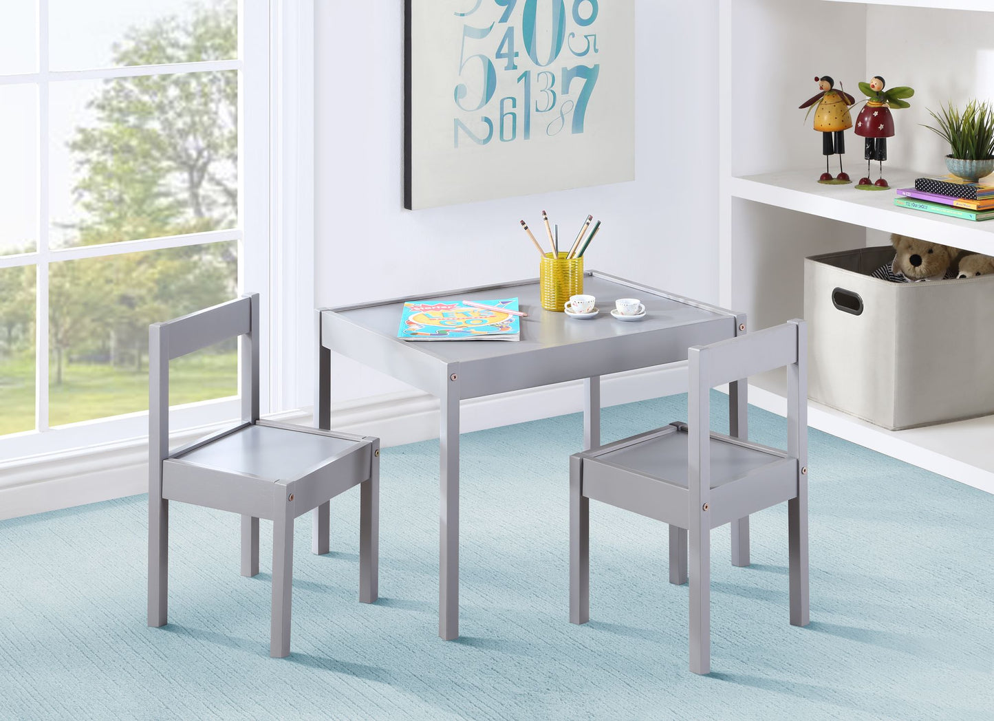 Della 3-Piece Solid Wood Kids Table & Two Chair Set, Gray image 1