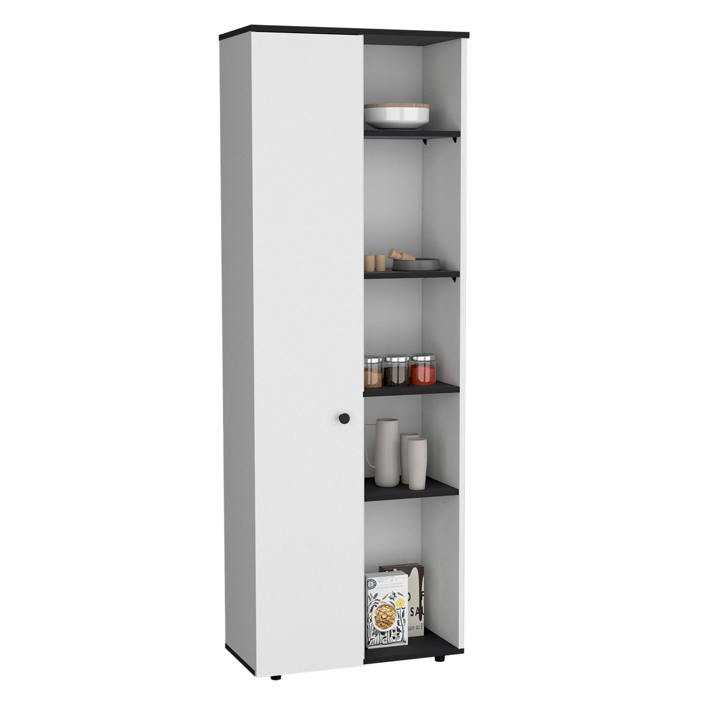DEPOT E-SHOP Cary 67" H Kitchen Storage Cabinet With One Door, Five Interior Shelves and Five Exterior Shelves,White/Bla image 5