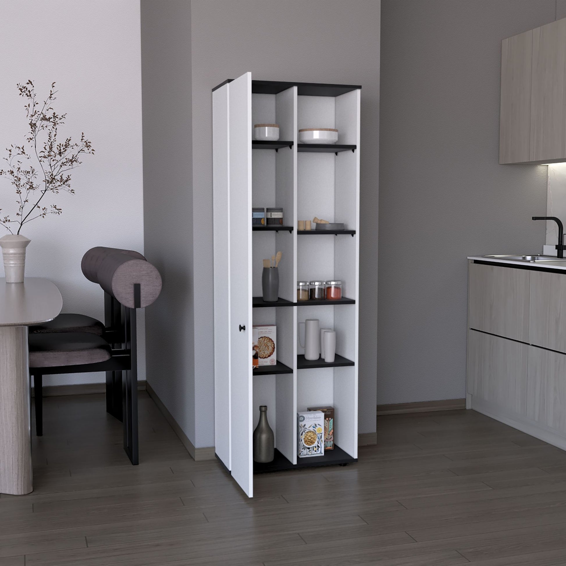 DEPOT E-SHOP Cary 67" H Kitchen Storage Cabinet With One Door, Five Interior Shelves and Five Exterior Shelves,White/Bla image 3