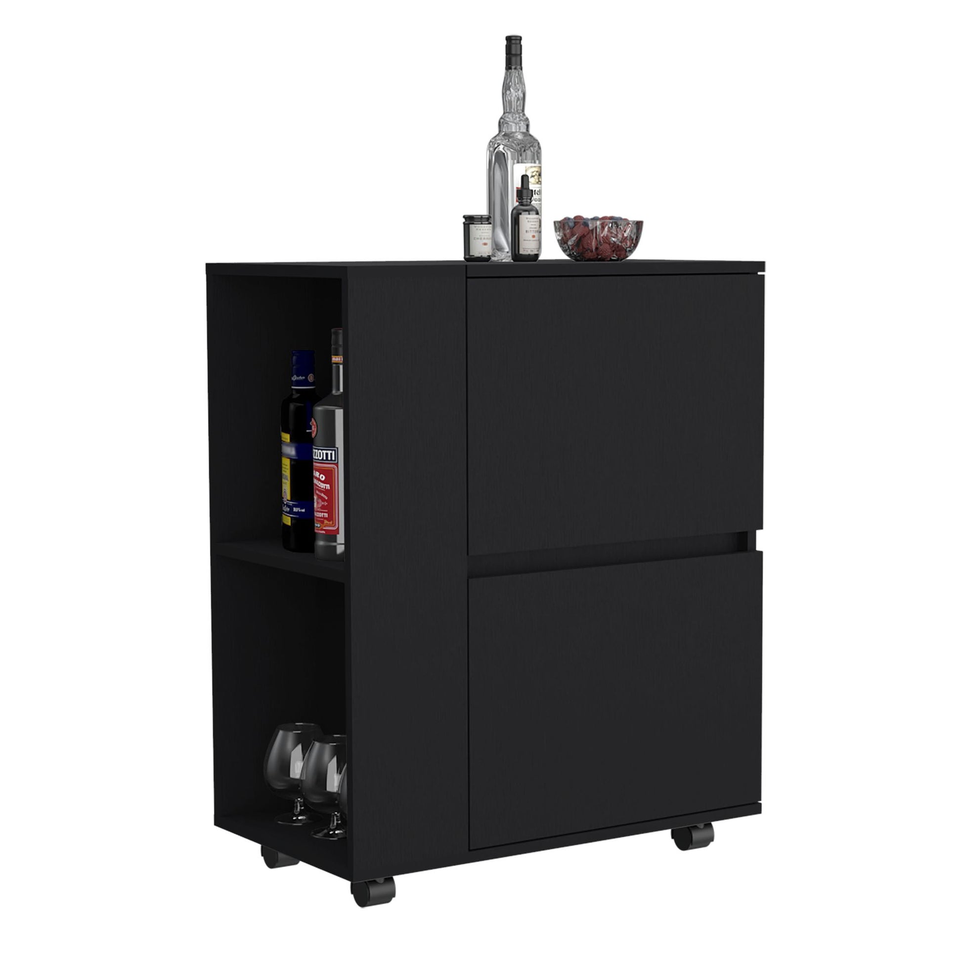 DEPOT E-SHOP Tully Bar Cart Two Pull-Down Door Cabinets and Two Open Shelves,Black image 4