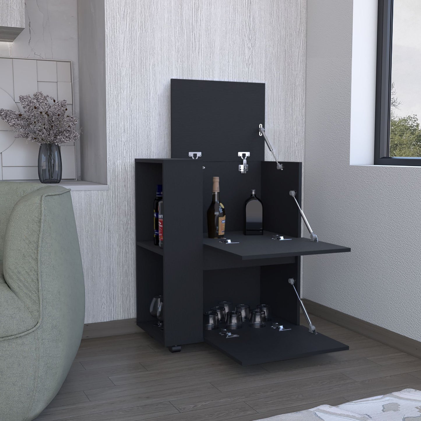 DEPOT E-SHOP Tully Bar Cart Two Pull-Down Door Cabinets and Two Open Shelves,Black image 1